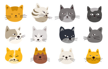 Cats heads emoticons vector. Flat cartoon illustration