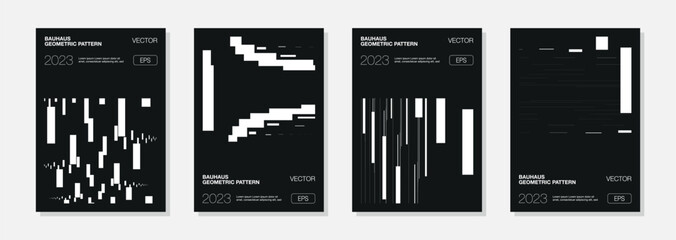  Glitchy Black and white cover design set. Modern background with line pattern. EPS 10 vector template for business, brochure template, grey planner, a4 flyer, poster.