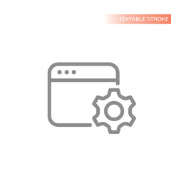 Web page, web site and gear line vector icon. Settings, internet window outline symbol.