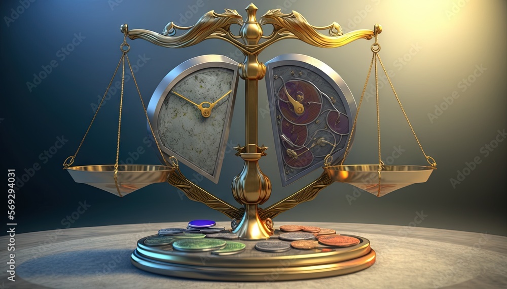Poster a golden scale with a clock on top of it and a coin on the bottom of the scale in front of a blue ba