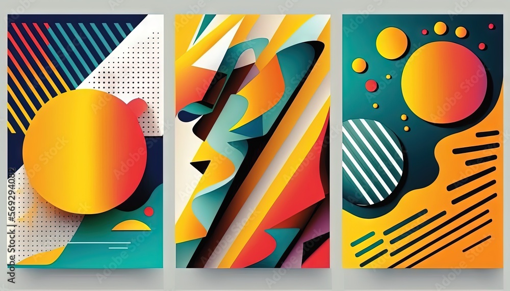 Poster a series of three abstract banners with different shapes and colors on them, each of which has a dif
