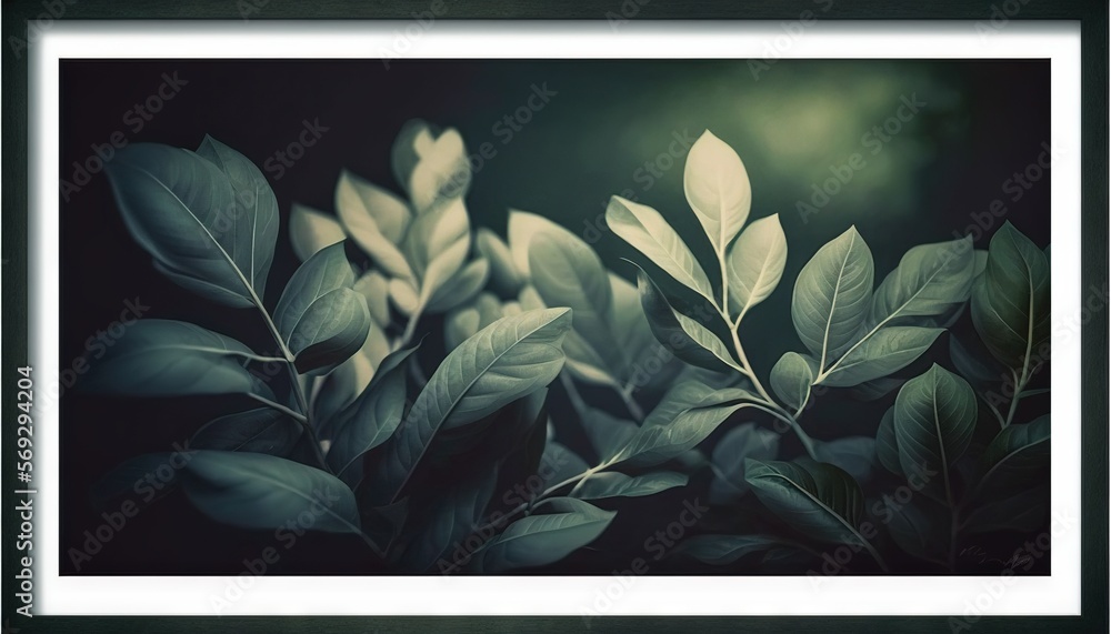 Poster a picture of some leaves in a black and white frame on a wall with a green background and a black bo