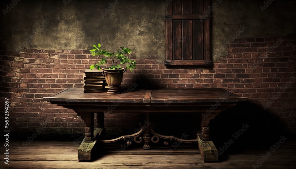Poster a table with a potted plant on top of it next to a window with a shuttered window on the side of the