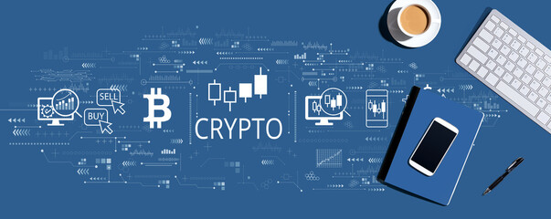 Crypto Trading theme with a computer keyboard and office items