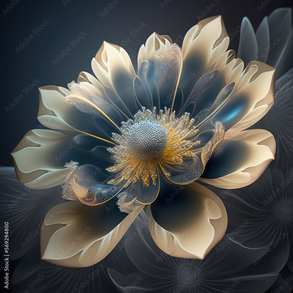 Poster a computer generated image of a flower with a blue center and yellow petals on a black background wi