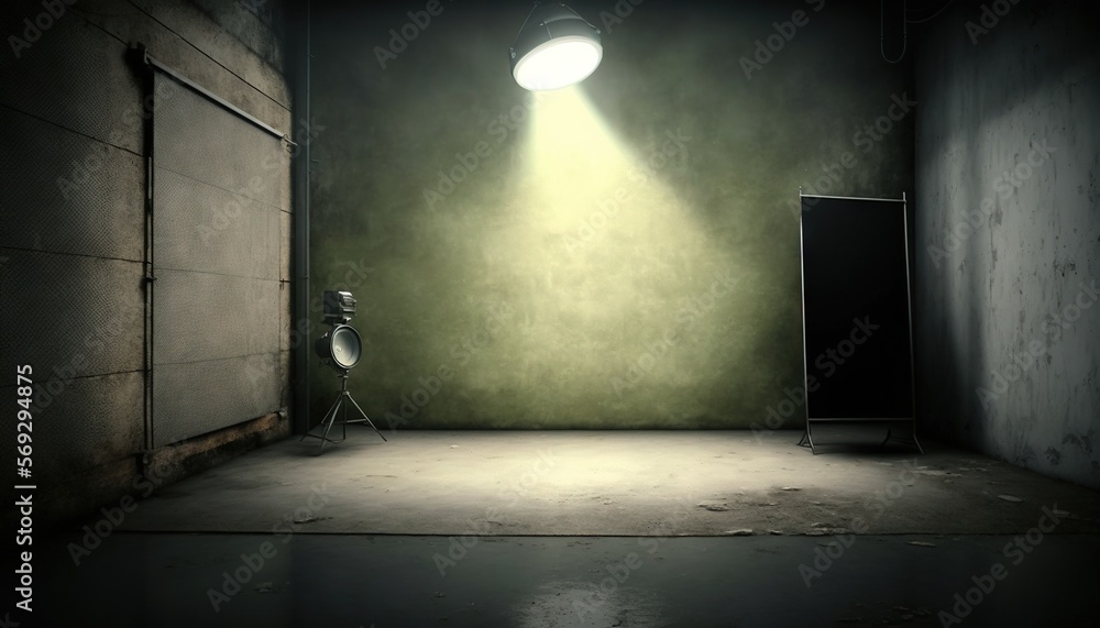 Poster an empty room with a light on the wall and a camera on the floor in front of a door with a light on 