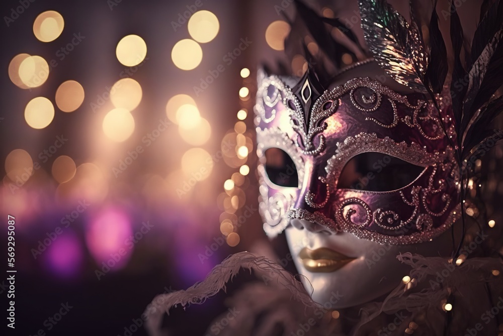 Poster a close up of a person wearing a mask with lights in the back ground behind them and a blurry image 