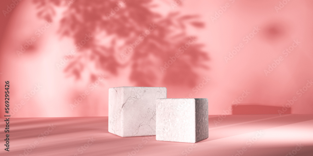 Poster wooden cube blocks in a room with shadow of trees - 3d render
