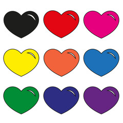 Multicolor hearts set with black stroke. Cartoon hearts set vector.