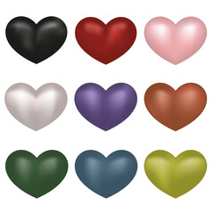 Multicolor volume metal pearl hearts set. Black, red, pink, pearl, blue, purple, yellow, green heart.