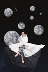 Vertical collage picture of cheerful girl warm comfy blanket sitting meteorite isolated on full...