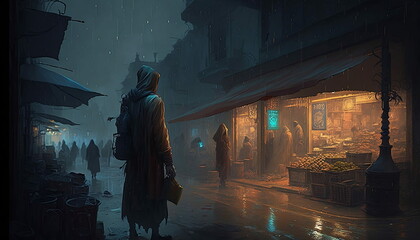 Cyberpunk indian market raining night life.