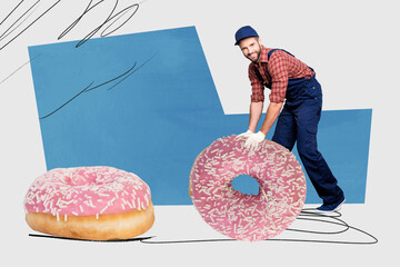 Creative collage picture of positive car mechanic hold big glazed donut instead tire wheel isolated...