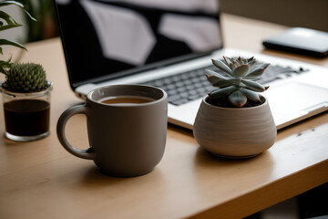 Modern home office setup with a laptop, coffee cup, and succulent