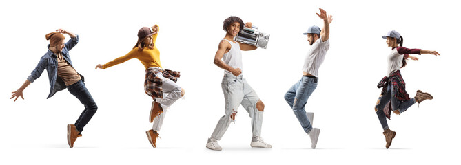 African american young man holding a boombox and people dancing
