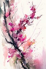 Japanese Pink Flower in watercolor abstract, Generative AI