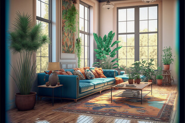 Loft living room interior. Realistic illustration. Generative AI