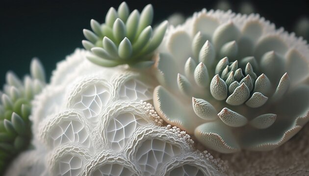 Future succulent plants mixed up with white translucent fabric, close up image, created by generative AI.
