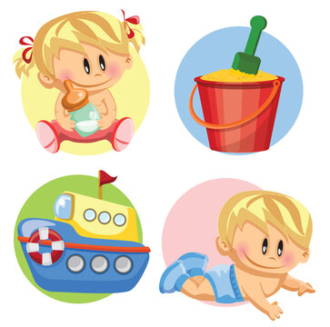Vector set with a baby boy and girl, baby care accessories, toys. Isolated vector illustration. Perfect for prints, calendar, sticker, invitation, baby shower, children clothes, poster.