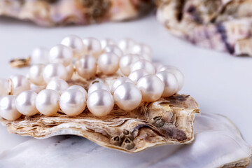pearl beads on an oyster shell