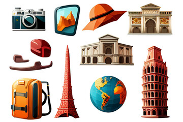 set of tourism icon isolated, fictional properties, generated with AI