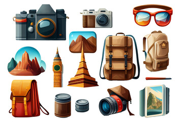 set of tourism icon isolated, fictional properties, generated with AI