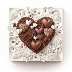Postcard of ai generated heart made of chocolate with flowers.