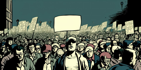 angry crowd protesting on the streets with banners, comic style drawing, social revolt concept, generative ai