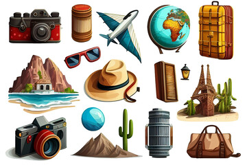 set of tourism icon isolated, fictional properties, generated with AI