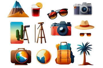 set of tourist icon isolated, fictional properties, generated with AI