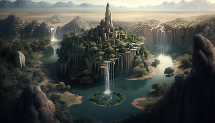 Fototapeta na wymiar Aerial view, a mysterious tower in the center of an elven city on a plain in Waterfalls.