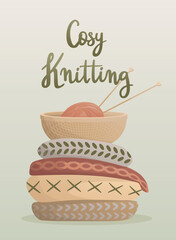 Postcard with knitting elements and handwritten lettering 