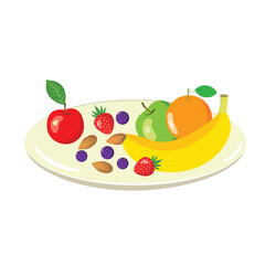Vector illustration fresh organic fruits berries and almond nuts on a plate. Healthy diet whole unprocessed food dietary fiber