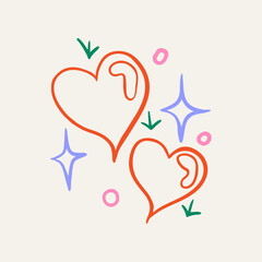 Vector sticker, tattoo. The tattoo is drawn with a thin line. Bright tracery, hearts, stars and swirls. Vector illustration.