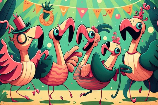  a group of flamingos standing next to each other in front of a party banner with pineapples on it and a pineapple hanging from the ceiling.  generative ai