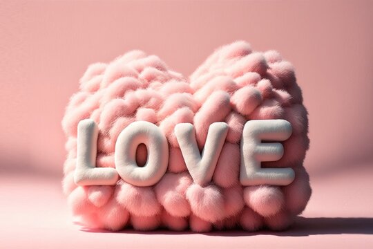 Das Wort LOVE flauschig aus rosa Watte geformt auf rosa Hintergrund, Generative AI 