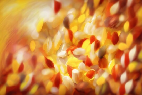  a blurry image of a bunch of candy corn kernels on a yellow and red background with a blurry effect to the center of the image.  generative ai