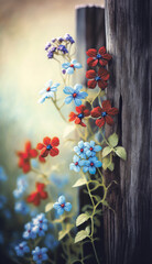 Red and Blue Spring Flowers Climbing a Fence Post ~ Created using Generative AI