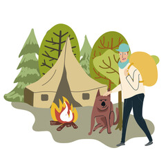 Relaxing pleasant hobbies, for pleasure and joy. Lover to go camping in the forest, tent, fire, dog. Flat graphic vector illustration.