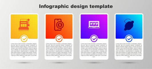 Set Slot machine, Online poker table game, slot with jackpot and Casino lemon. Business infographic template. Vector