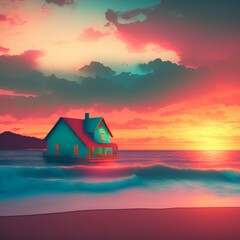 turquoise cottage with waves and sunset in the background - generative ai
