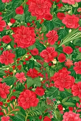 Kissenbezug Illustrated Pattern with red flowers and green leaves full seamless valentines day nature background © Nalin