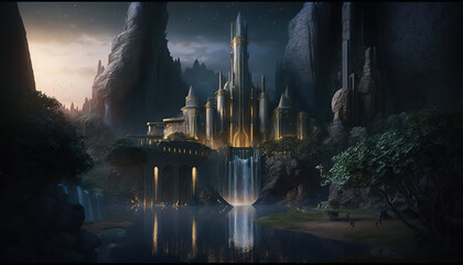 a mysterious tower in the center of an elven city on a plain in Waterfalls. Fantasy - obrazy, fototapety, plakaty