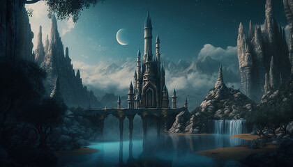 a mysterious tower in the center of an elven city on a plain in Waterfalls. Fantasy - obrazy, fototapety, plakaty