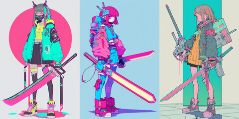 Portrait of anime cyber girls with huge light sword. Illustration in the retro style film. Colorful background, collection