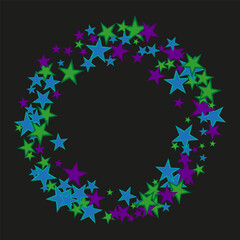 Abstract dark background with blue and green confetti stars, frame, design element