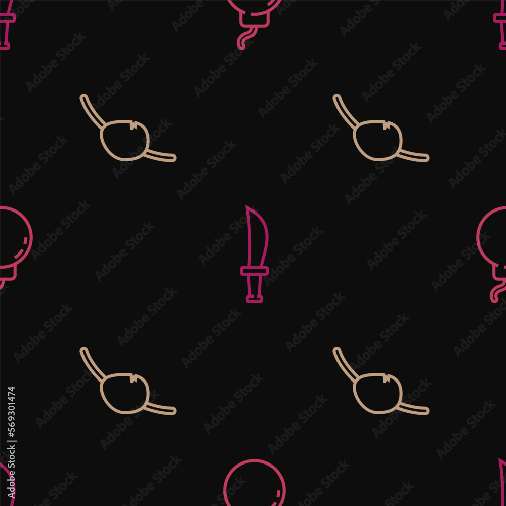 Poster set line bomb ready to explode, pirate eye patch and sword on seamless pattern. vector