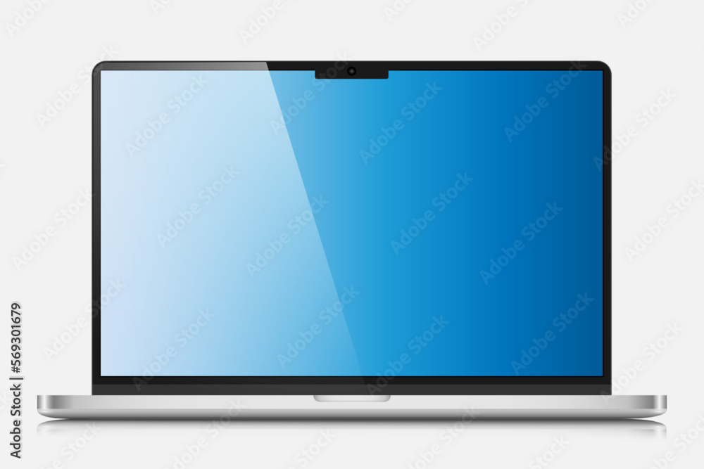 Poster a realistic laptop with a blue gradient screen and reflection on a white background. the layout of a