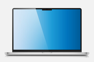 A realistic laptop with a blue gradient screen and reflection on a white background. The layout of a modern laptop in a silver thin metal case. Vector illustration.