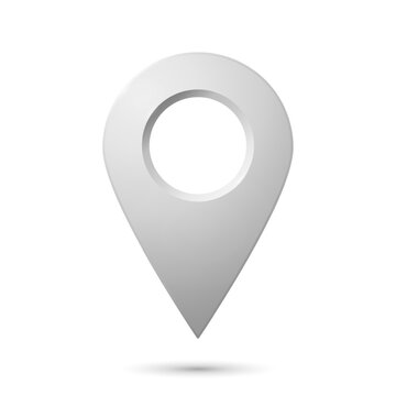 The geolocation icon is silver with highlights and shadows on a white background. Realistic geolocation map pin code icon. Vector EPS 10.